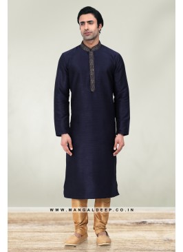 Solid Navy Art Silk Kurta Set For Men