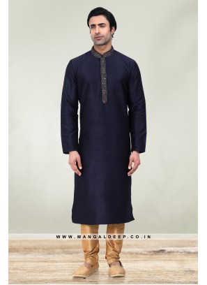 Solid Navy Art Silk Kurta Set For Men