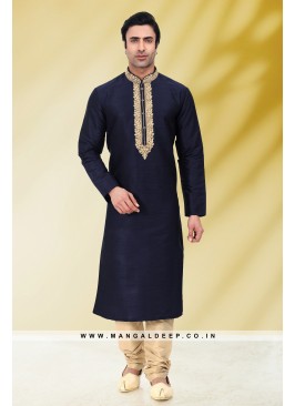 Solid Navy Art Silk Kurta Set For Men