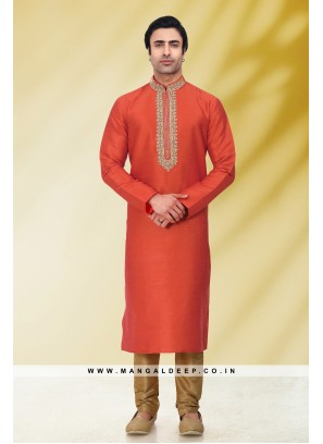 Solid Orange Art Silk Kurta Set For Men