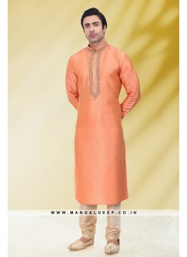 Solid Peach Art Silk Kurta Set For Men