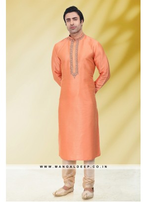 Solid Peach Art Silk Kurta Set For Men