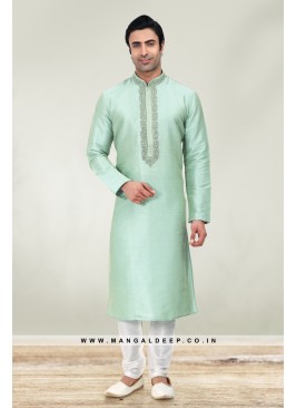 Solid Pista Green Art Silk Kurta Set For Men