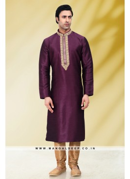 Solid Purple Art Silk Kurta Set For Men