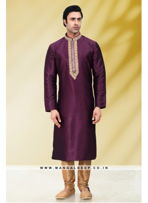 Solid Purple Art Silk Kurta Set For Men