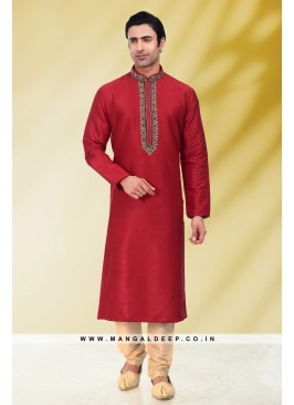 Solid Red Art Silk Kurta Set For Men