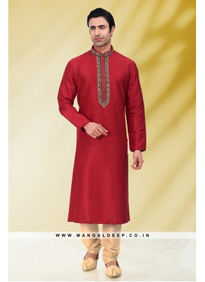 Solid Red Art Silk Kurta Set For Men