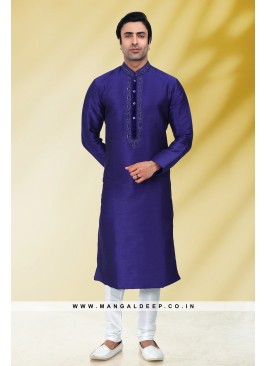 Solid Royal Blue Art Silk Kurta Set For Men