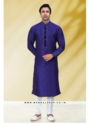 Solid Royal Blue Art Silk Kurta Set For Men