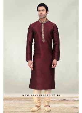 Solid Wine Art Silk Kurta Set For Men