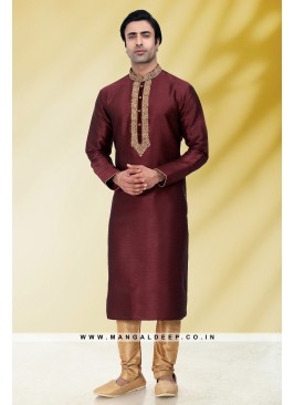 Solid Wine Art Silk Kurta Set For Men