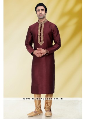 Solid Wine Art Silk Kurta Set For Men