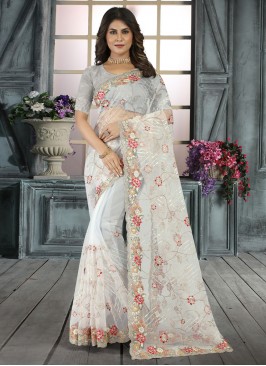 Sonorous Embroidered Net White Designer Saree