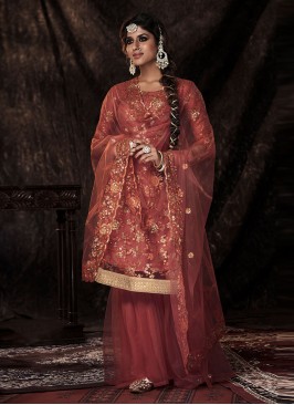 Sonorous Net Orange Sequins Designer Palazzo Suit