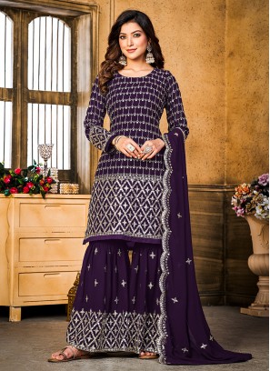 Sonorous Purple Thread Work Pakistani Salwar Kameez