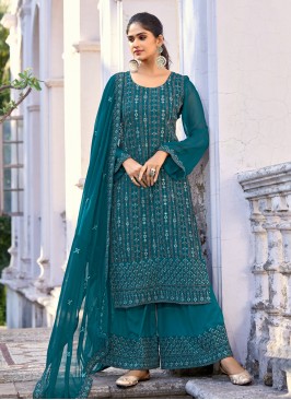 Sonorous Silk Teal Zari Trendy Salwar Kameez