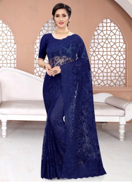 Sophisticated Net Blue Resham Classic Saree
