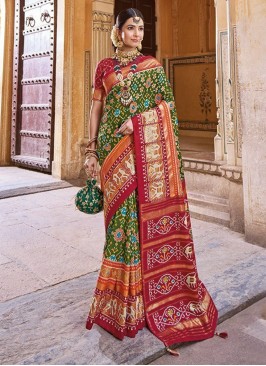 Sophisticated Patola Silk  Patola Print Green and Red Contemporary Saree