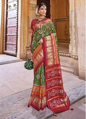 Sophisticated Patola Silk  Patola Print Green and Red Contemporary Saree