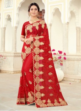 Sophisticated Red Embroidered Classic Designer Saree