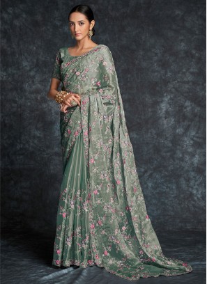 Sorcerous Embroidered Green Organza Classic Saree