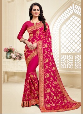 Sorcerous Satin Silk Embroidered Hot Pink Designer Saree