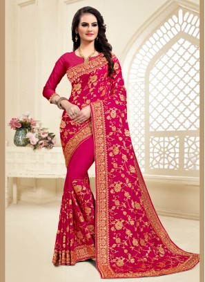 Sorcerous Satin Silk Embroidered Hot Pink Designer Saree