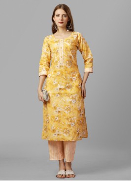 Sparkling Cotton Yellow Printed Party Wear Kurti