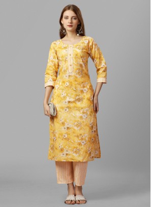 Sparkling Cotton Yellow Printed Party Wear Kurti