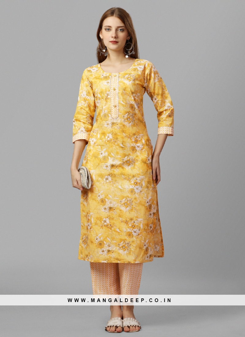 Yellow colour branded mal cotton printed tunic