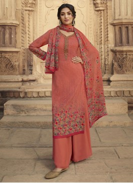 Sparkling Digital Print Peach Faux Crepe Designer Palazzo Salwar Suit