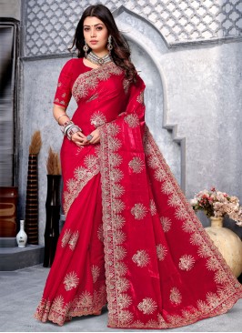 Sparkling Hot Pink Embroidered Crepe Silk Contemporary Style Saree
