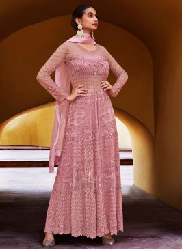 Sparkling Net Pink Embroidered Designer Suit