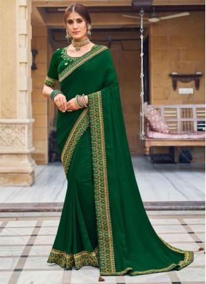 Sparkling Resham Green Vichitra Silk Traditional Designer Saree