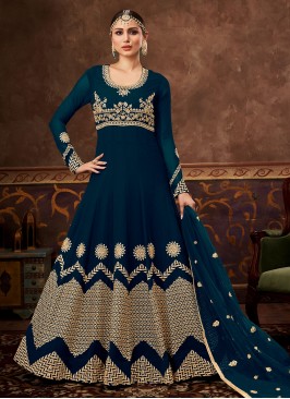 Specialised Embroidered Pure Georgette Navy Blue Designer Floor Length Suit