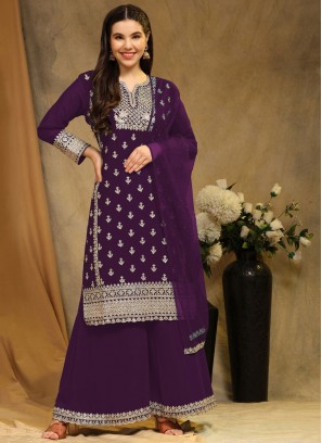 Specialised Embroidered Purple Faux Georgette Trendy Salwar Kameez