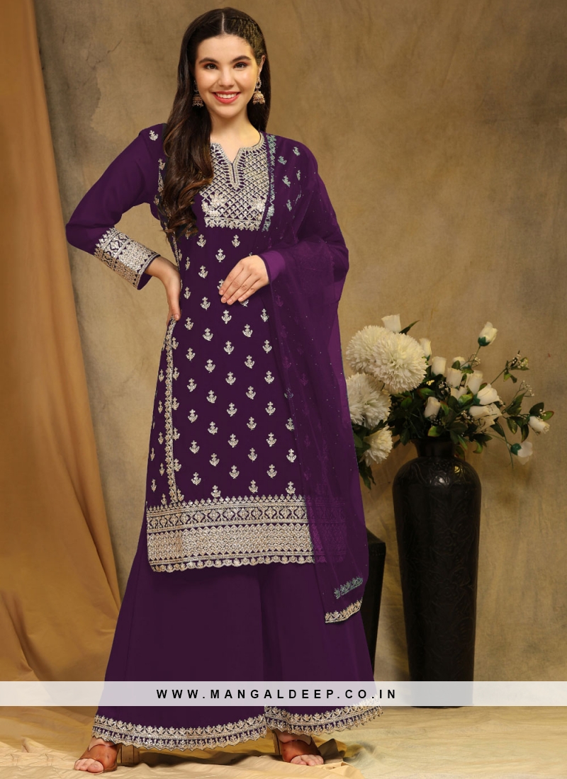 Specialised Embroidered Purple Faux Georgette Trendy Salwar