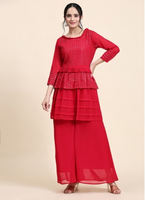 Specialised Embroidered Red Georgette Sharara Set