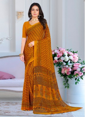 Specialised Faux Chiffon Mustard Printed Classic Saree