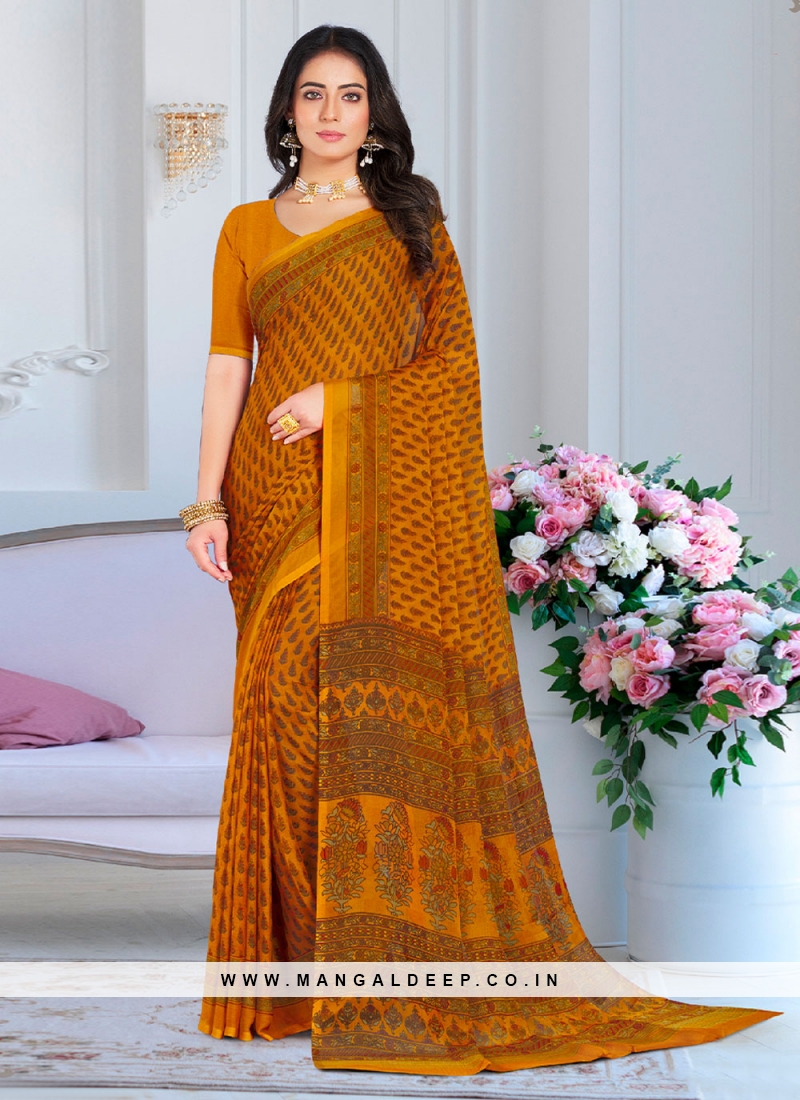 Specialised Faux Chiffon Mustard Printed Classic Saree