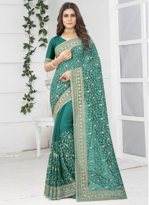 Specialised Georgette Embroidered Aqua Blue Trendy Saree