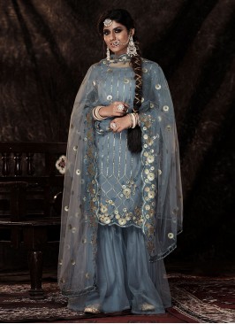 Specialised Grey Sequins Designer Palazzo Suit