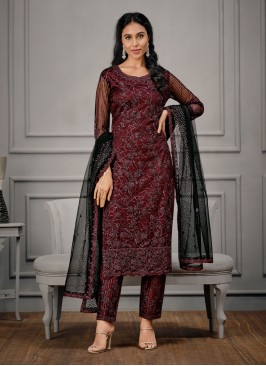 Specialised Maroon Net Trendy Straight Salwar Suit