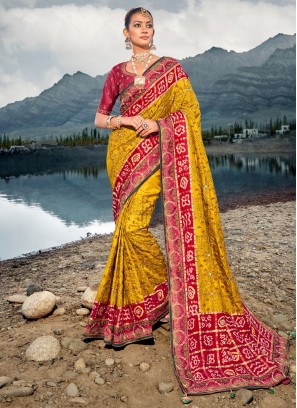 Specialised Mirror Satin Mustard and Red Classic Saree