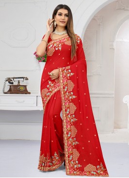 Specialised Vichitra Silk Red Saree