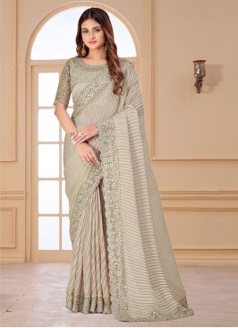 Spectacular Beige Resham Classic Saree