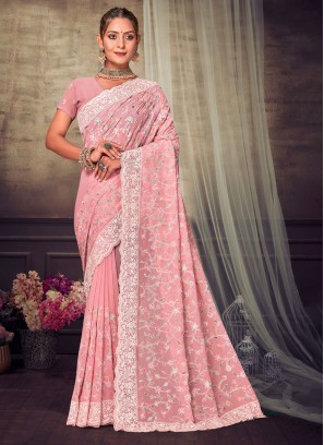 Spectacular Embroidered Pink Georgette Designer Saree