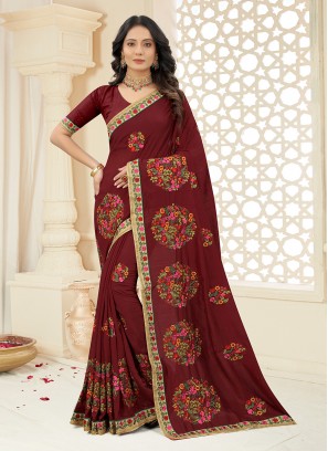 Spectacular Maroon Border Vichitra Silk Classic Saree