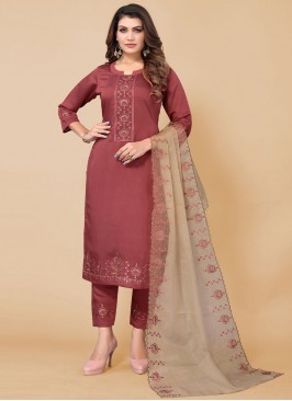 Spectacular Maroon Embroidered Chinon Salwar Kameez