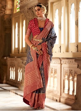 Spectacular Navy Blue and Red Party Classic Saree